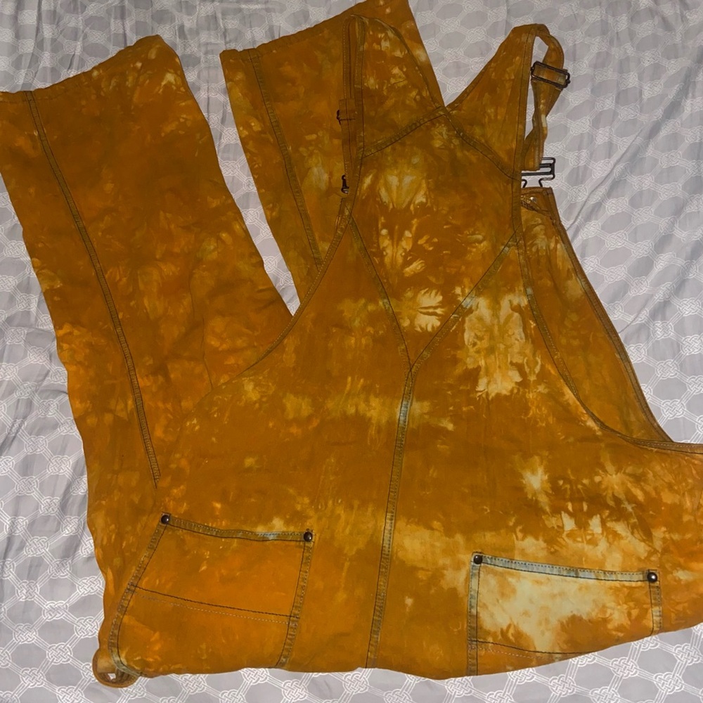 vintage bell bottom jeans overalls orange tye dye grunge fashion hipster pants